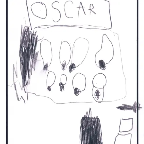 Postcard with drawing of bomb shells piled up and the name Oscar in capitals at the top.
