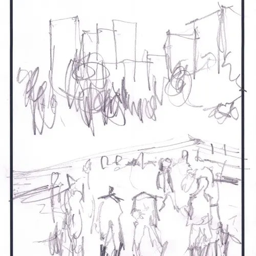 Postcard with drawing of figures surrounded by buildings