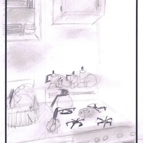 Postcard with drawing of a kitchen counter