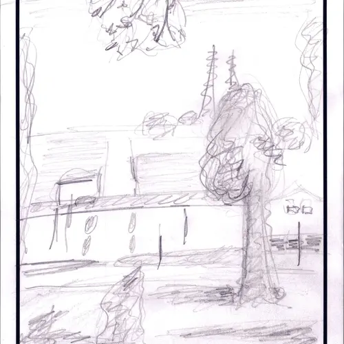 Postcard with drawing of a landscape