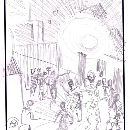 Postcard with sketch of a group of figures and buildings behind