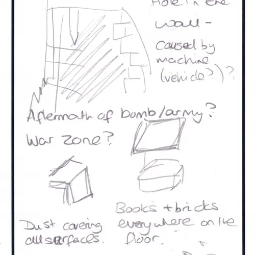 Postcard with writing and quick sketches of bricks and books