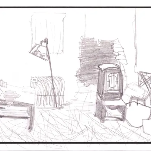 Postcard with drawing of a room with desk, lamp, old-fashioned radio on a stand and a whole in a brick wall.