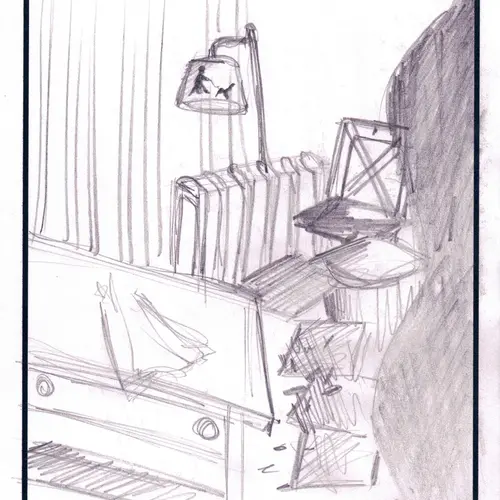Postcard with drawing of desk, lamp, curtains and the word CHAOS written bottom right.