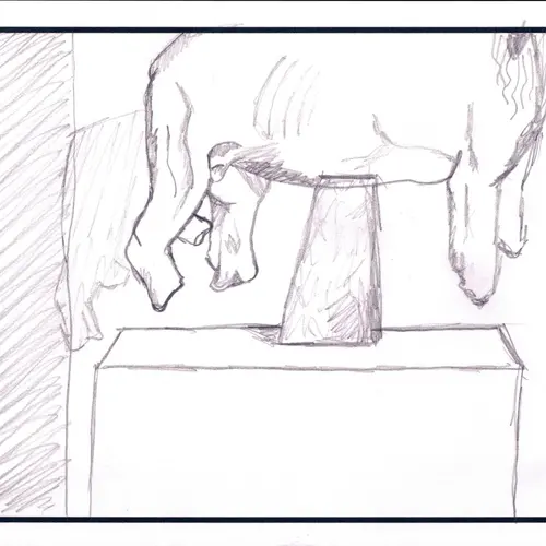 Postcard with drawing of a sculpture of an animal torso