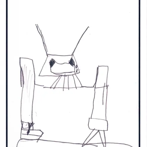 Postcard with drawing of a robot ironing.
