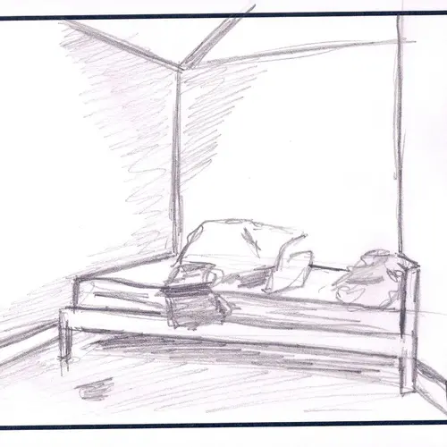 Postcard with drawing of a bed.