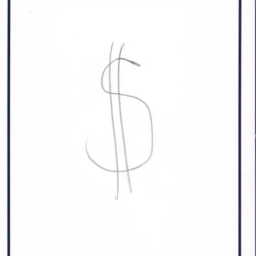 Postcard with pencil drawing of a dollar sign.