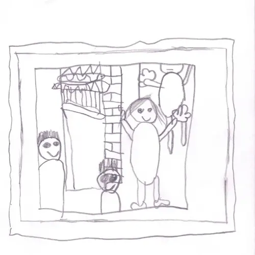 Postcard with child's drawing of several standing figures.