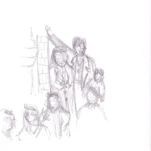 Postcard with pencil sketch of several figures at various heights.