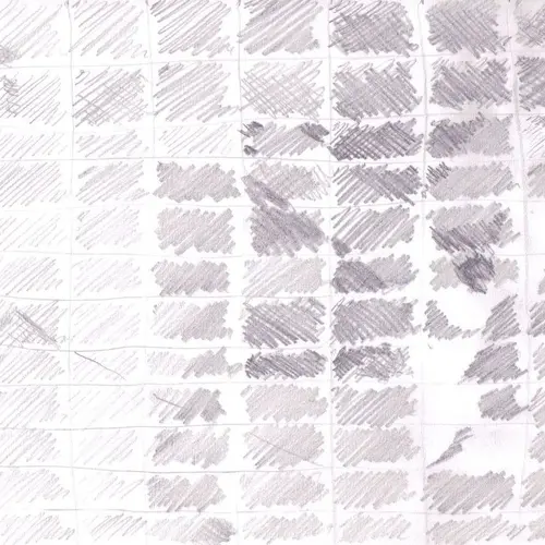 Postcard with pencil drawing of shaded rectangles in grid formation. 