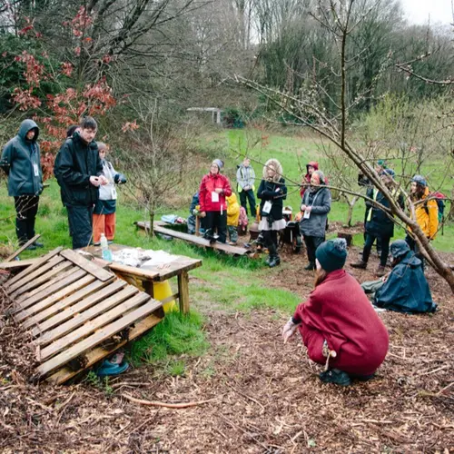 A group of people stand in a field with stones, grass and trees