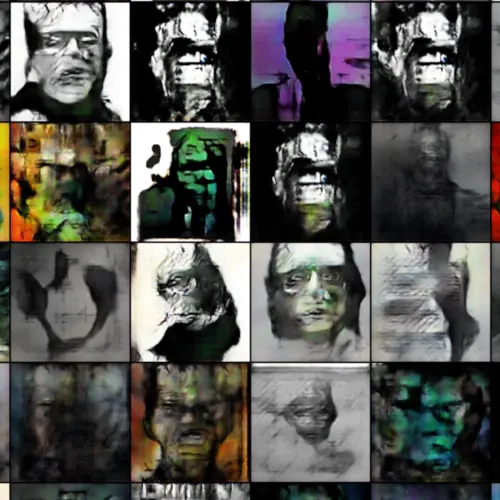 A grid of Frankenstein faces, distorted and modified through a Generative Adversarial Network in 2019
