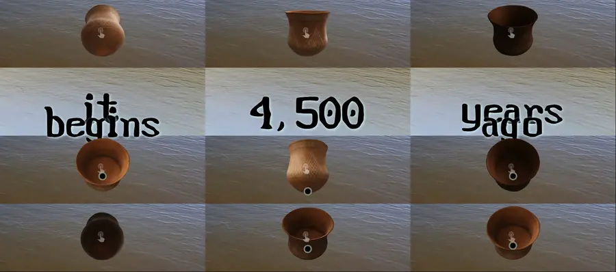 A grid with different views of a 3D rendered clay beaker, mixed with the text "it begins 4,500 years ago" over a water background 