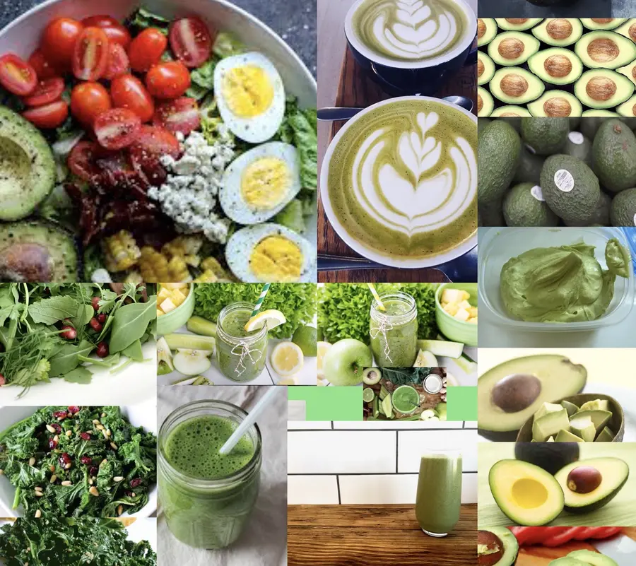 A composite of food photographies, including avocados, salads, and green smoothies  