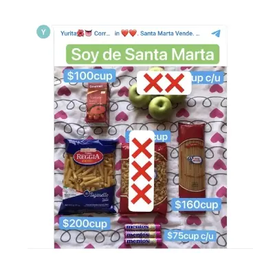 A social media post selling pasta, tomato soup, apples and mentos by Yurita from Santa Marta