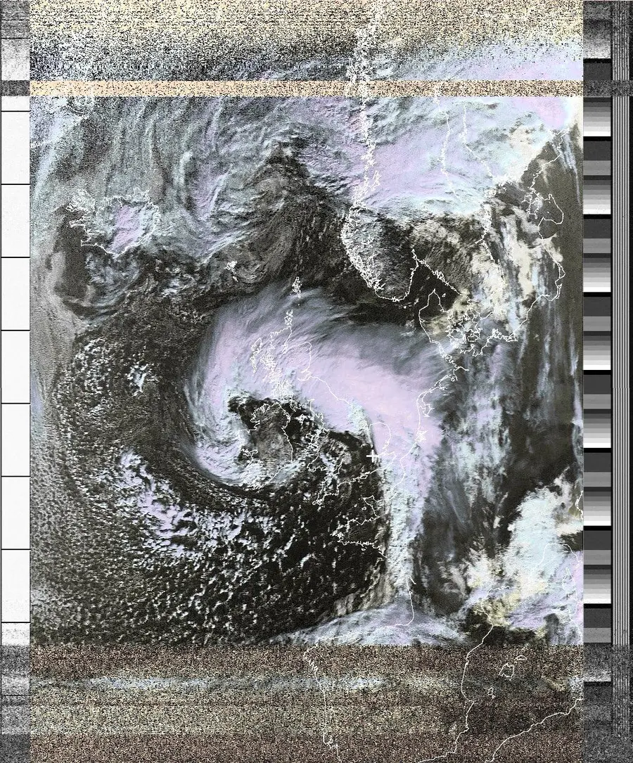 Satellite wather image above UK with pink cyclonic cloud
