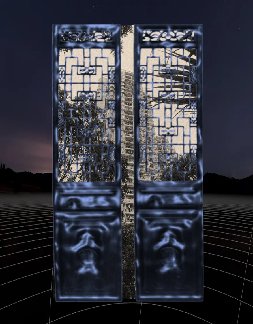 A digitised Chinese doorway opens onto a sepia image of an apartment block framed by foliage, suspended in a VR loading screen set within a grid and the silhouette of a mountain range.