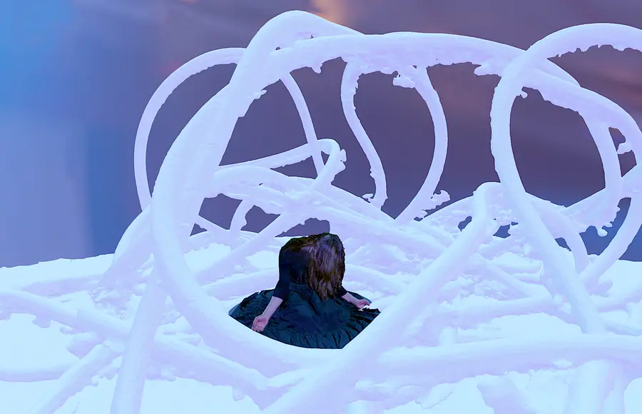 A 3D scan in colour of a woman in a black dress, sitting, look down, surrounded by plant-like tentacles in white