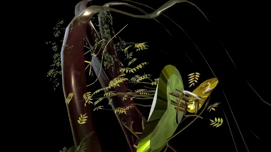 A virtual tree branch and leaves swirl in a 3D space