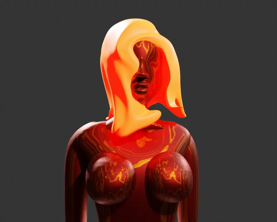 A 3D female avatar, with skin comprised of a lava-like red and yellow surface, stands in front of a grey background, long orange hair covering her face  