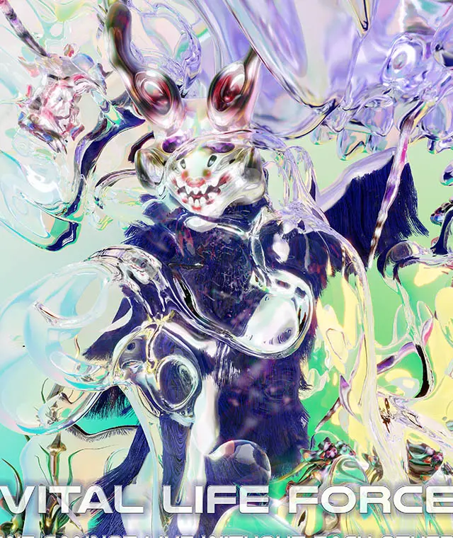 A highly computer generated image of the top of an otherwordly figure, covered in reflective translucent materials