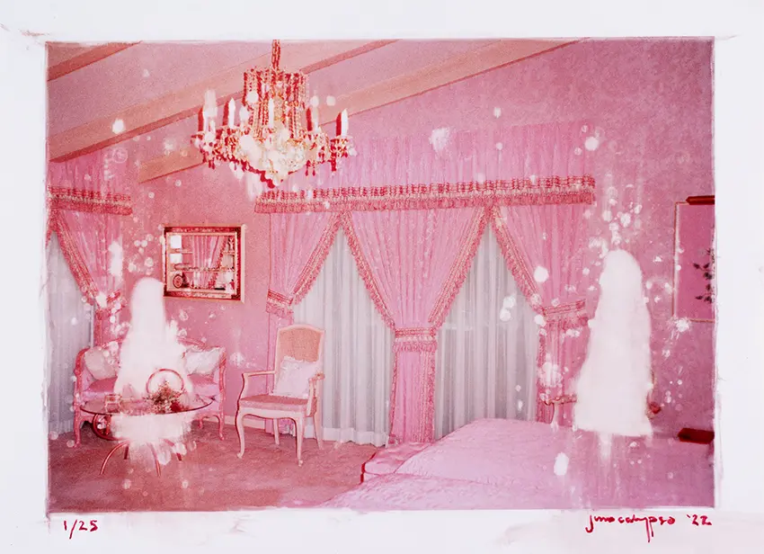 Image of two phantasmic figures standing in a bubblegum pink ornate room