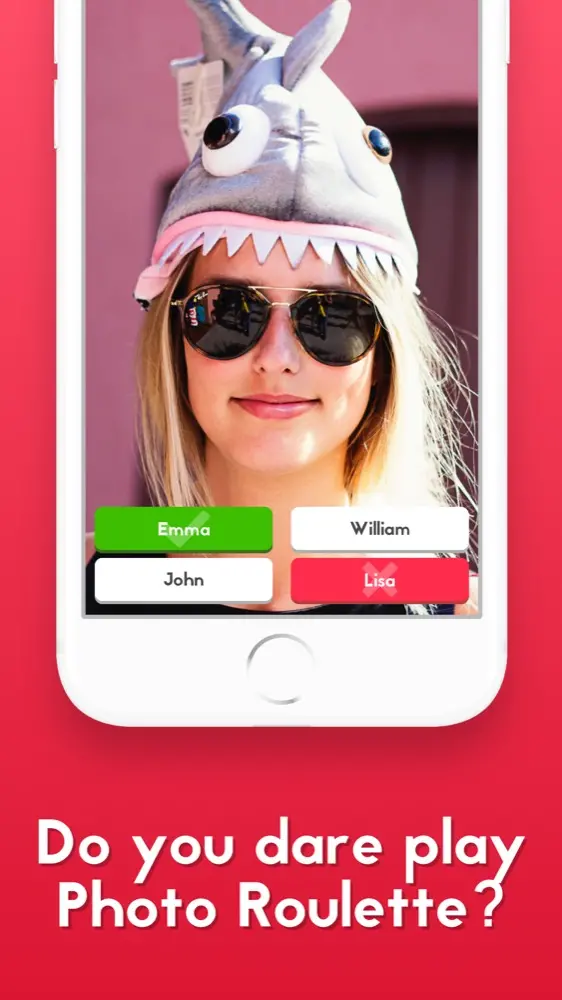 A promotional image for Photo Roulette showing a screen with a person playing a game. The text says 'Do you dare play Photo Roulette'