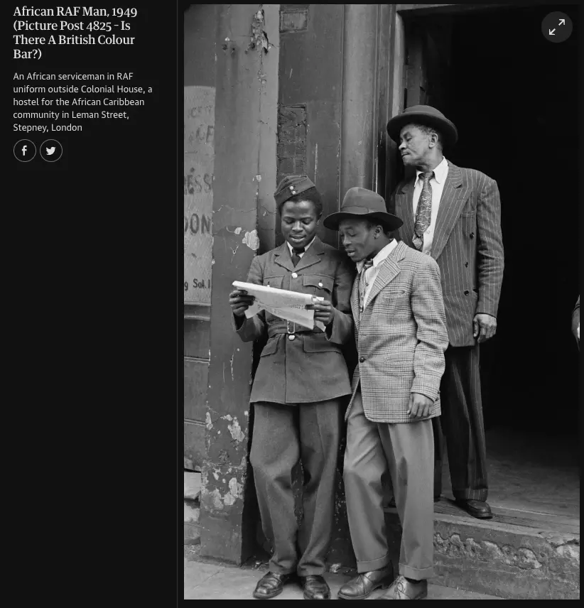 Screen shot of online article in the Guardian of a black and white Bert Hardy photograph of three men