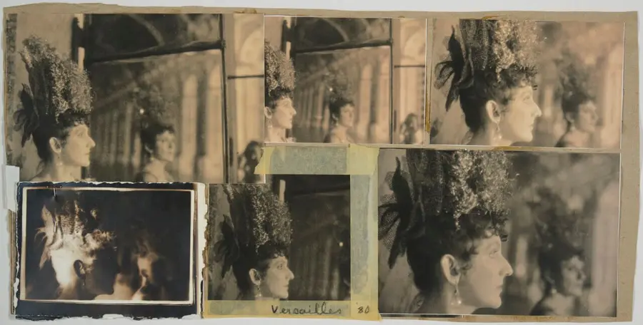 Black and white photocollage featuring a woman wearing elaborate head dress