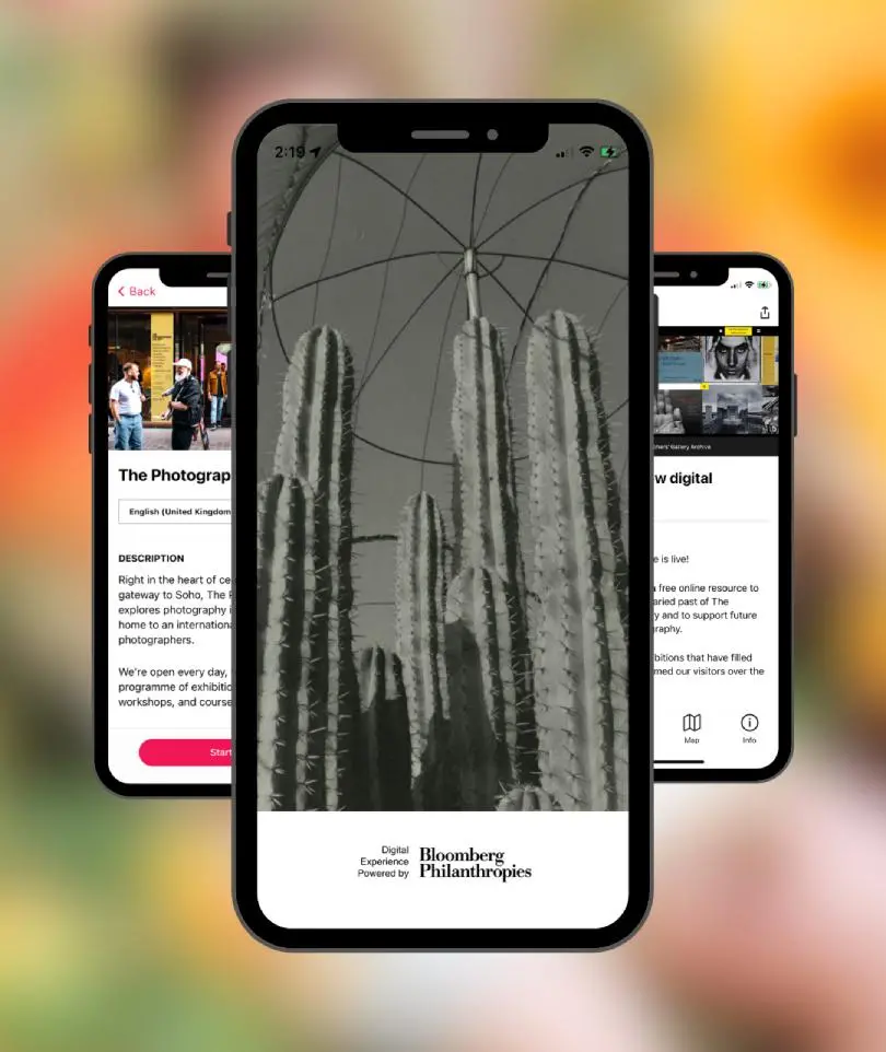 Colour photograph of three phone screens showing the digital guide