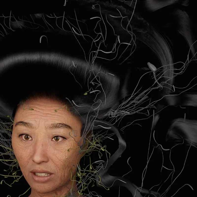 A computer generated image of a woman's face. Her dark, black hair billows out across the rest of the frame. 