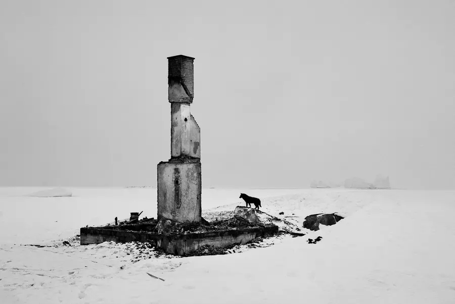 A snowy landscape with the remnants of a burned down house in the centre.  