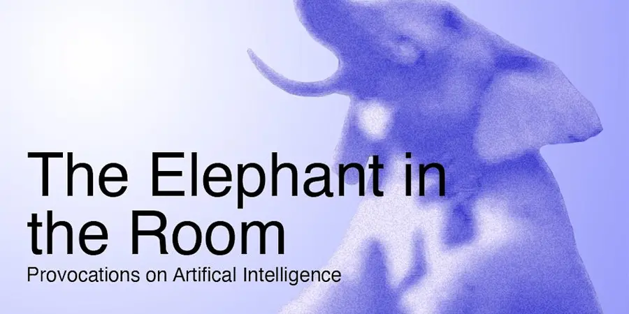 A promotional banner of a blue elephant with the overlay of a the event title.