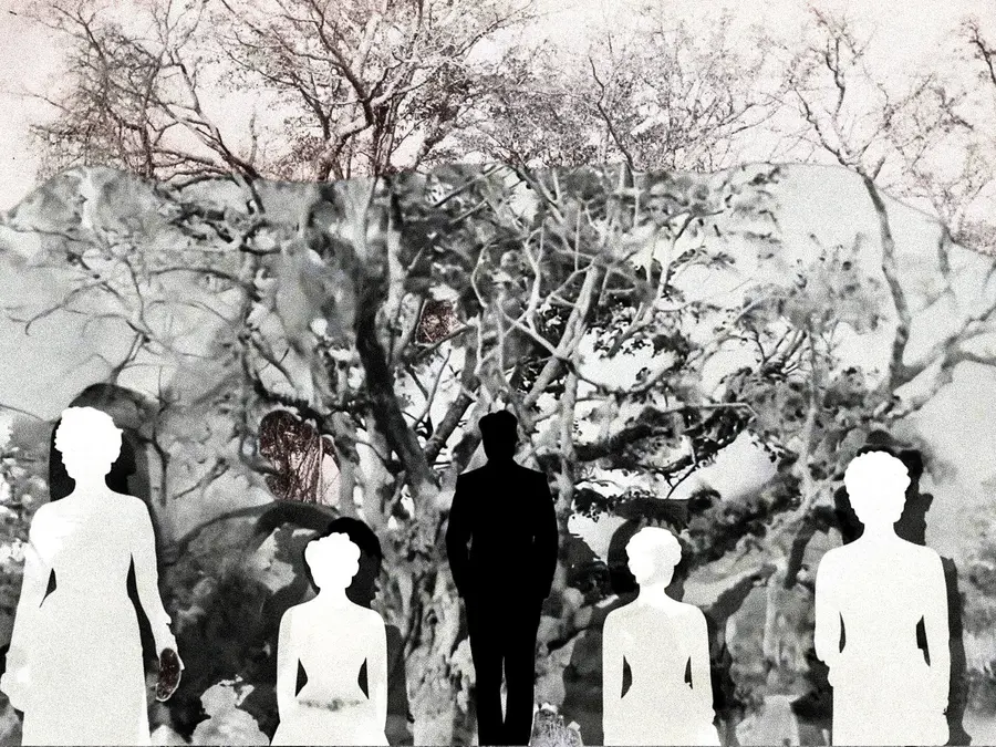An AI generated black and white  image of a tree with silhouettes of people stood in front of it. 