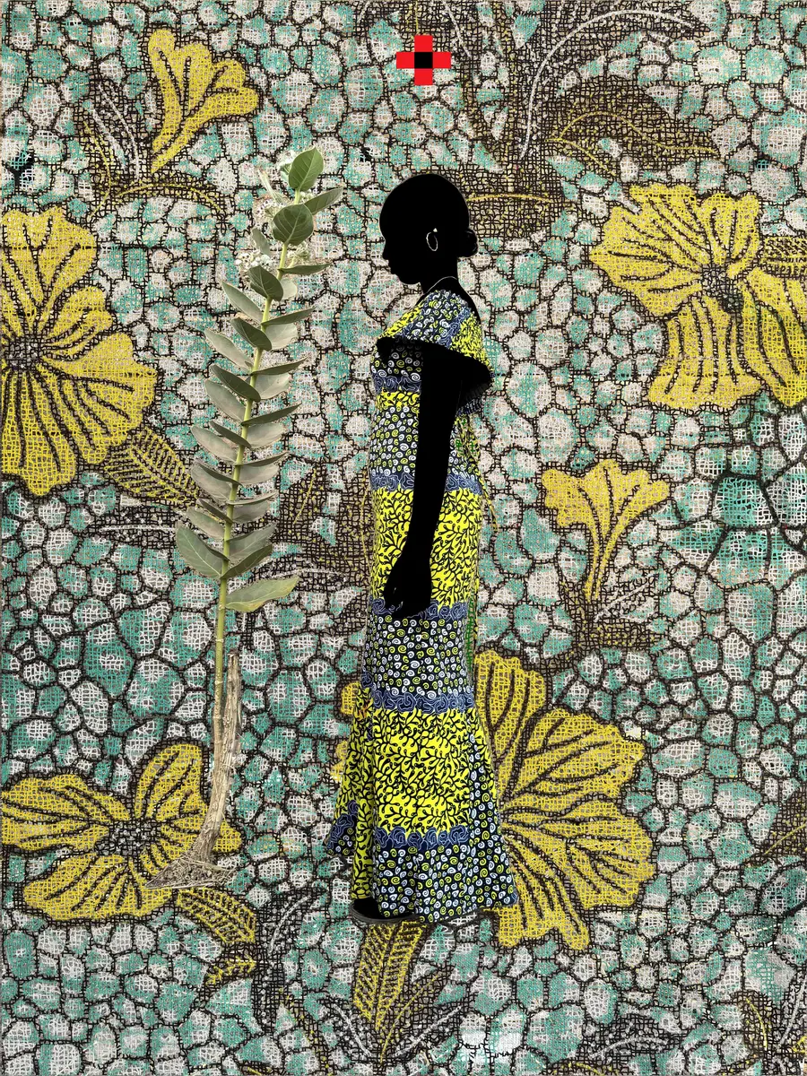 An image of three people with blacked out faces sat leaning on each other's backs posed against a patterned backdrop.