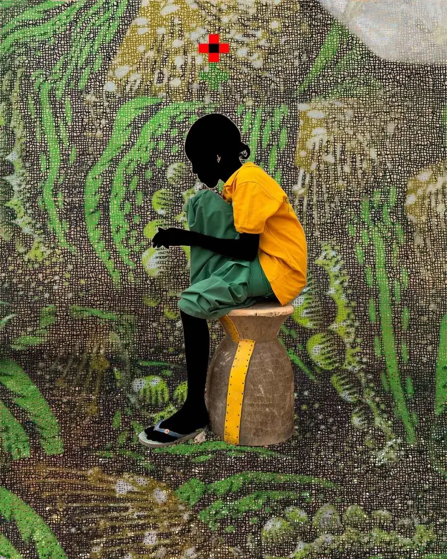 A person whose body is hidden as if in silhouette, sits on a wooden stool with one leg pulled up to their chest. They appear on a jungle patterned cloth as a studio dressing. 