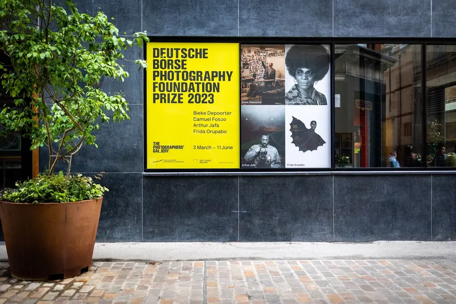 Exterior of 16-18 Ramillies Street showing promotional posters for the Deutsche Börse Photography Foundation Prize 2023