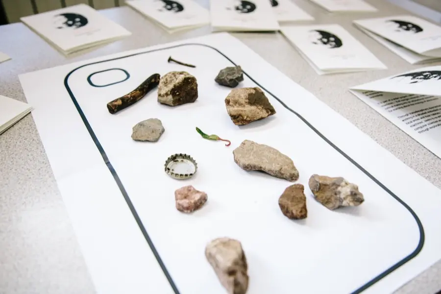 Stones arranged within a schematic drawing of a mobile phone