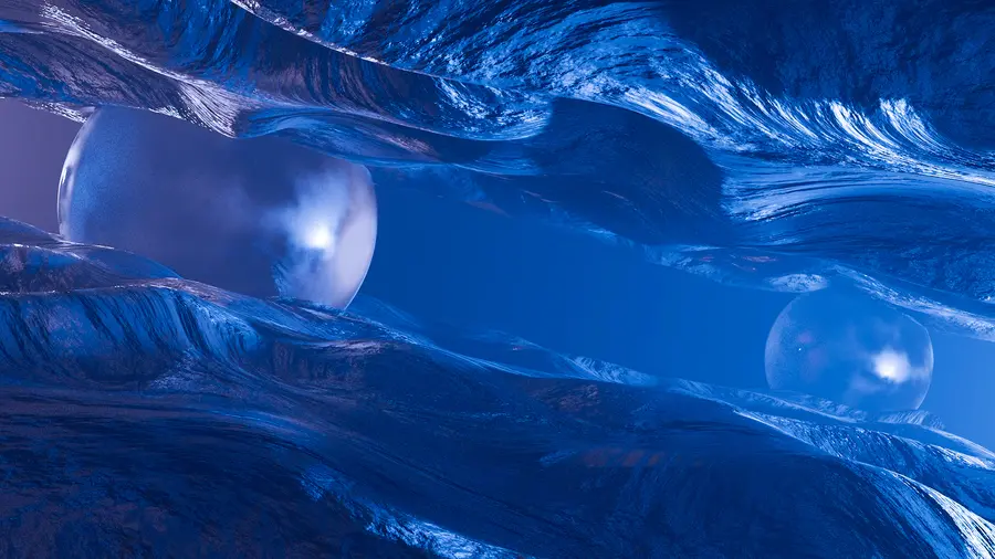 A virtual space with two water surfaces, with two large spheres between them