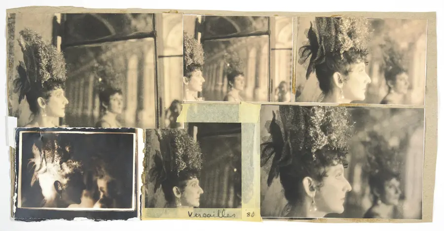 A sepia collage built up of a repeated image of a woman's side profile. This image is taken in a disused room in the Palace of Versailles.