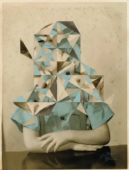 The face and shoulders of an old portrait photograph of a child sitting crossed-armed at a table is cut into geometric shapes and reassembled to appear scrambled.