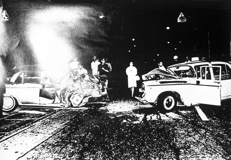 High contrast black and white photograph of two severely damaged cars and a small crow