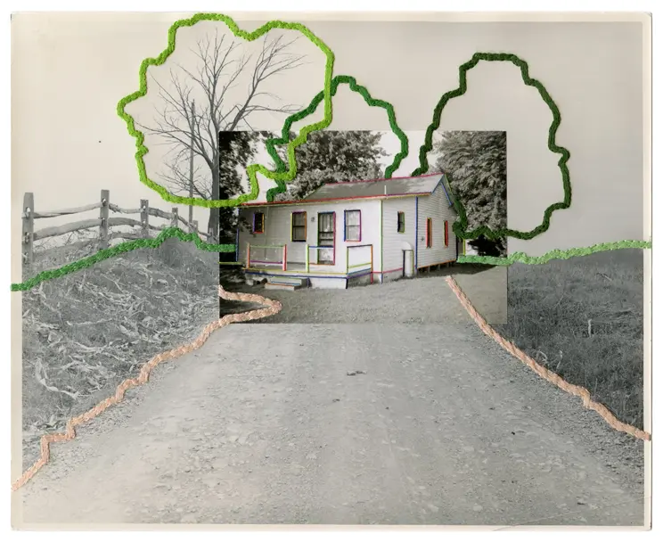 A black and white photograph of a house is mounted on top of a larger photograph of a country road.  Both photographs have key shapes outlined in different colours of embroidered thread.