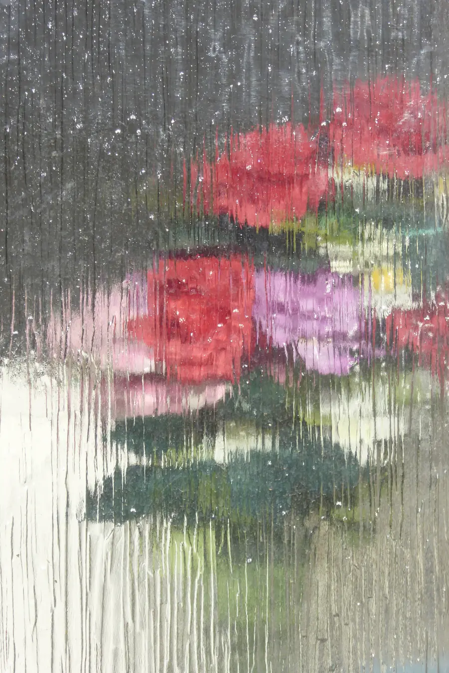 Red, pink and white flowers in a glass vase as seen through mottled glass.