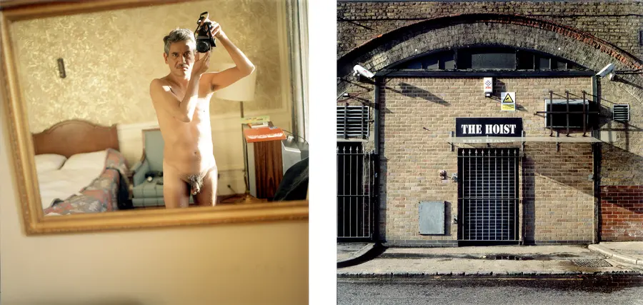 A diptych - on the left a nude man takes a self portrait using a mirror, on the right the exterior door of a nightclub called Hoist.