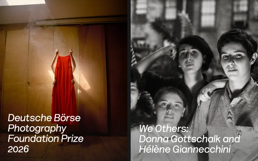 Two images side by side. One of two people holding a red dress and the other of a group of people staring at the camera