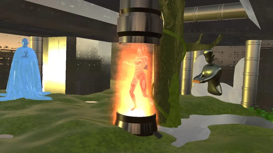 A digital avatar in flames hovers in a sci-fi tube, surrounded by two other avatars in a green but industrial room