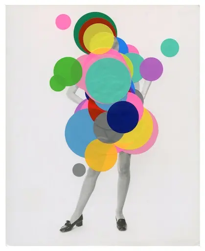 A black and white photograph of a female figure has been applied with different size coloured circles, except for her legs and arms.