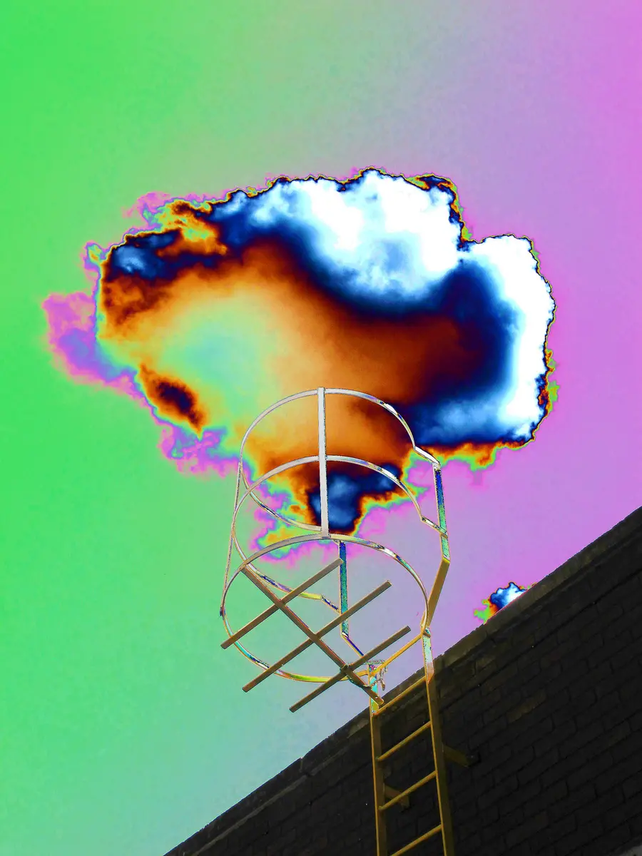 A lime green and hot pink sky with corroded cloud, tv arial and roof. 